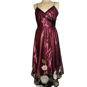 Betsey Johnson NY Y2K Burgundy Satin Mesh Floral Midi Cocktail Dress Size 4
